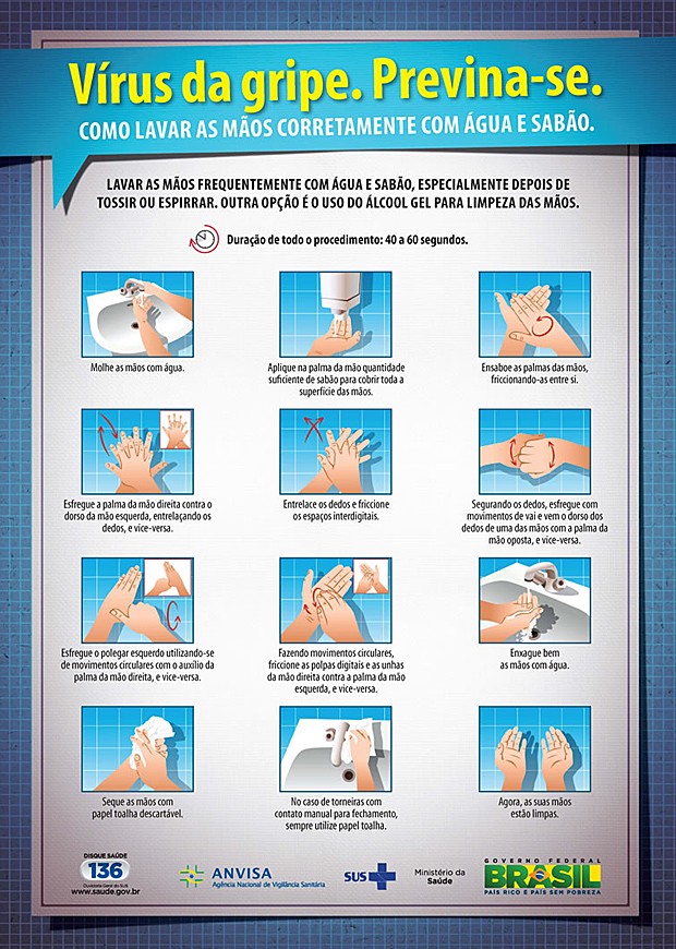 Passo a passo ensina a lavar as mãos com água e sabão de forma adequada (Foto: Ministério da Saúde/Divulgação)