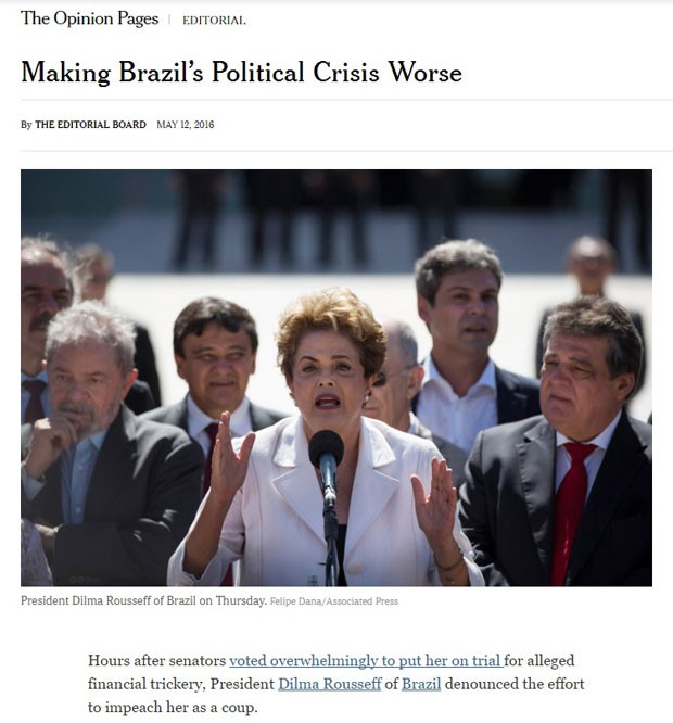 Editorial do jornal New York Times sobre o afastamento de Dilma Rousseff (Foto: Reprodução/New York Times)