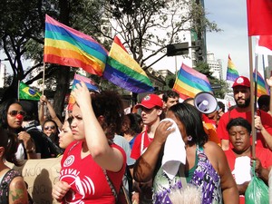 Bandeiras LGBT foram erguidas durante protesto. (Foto: Sara Antunes/G1)