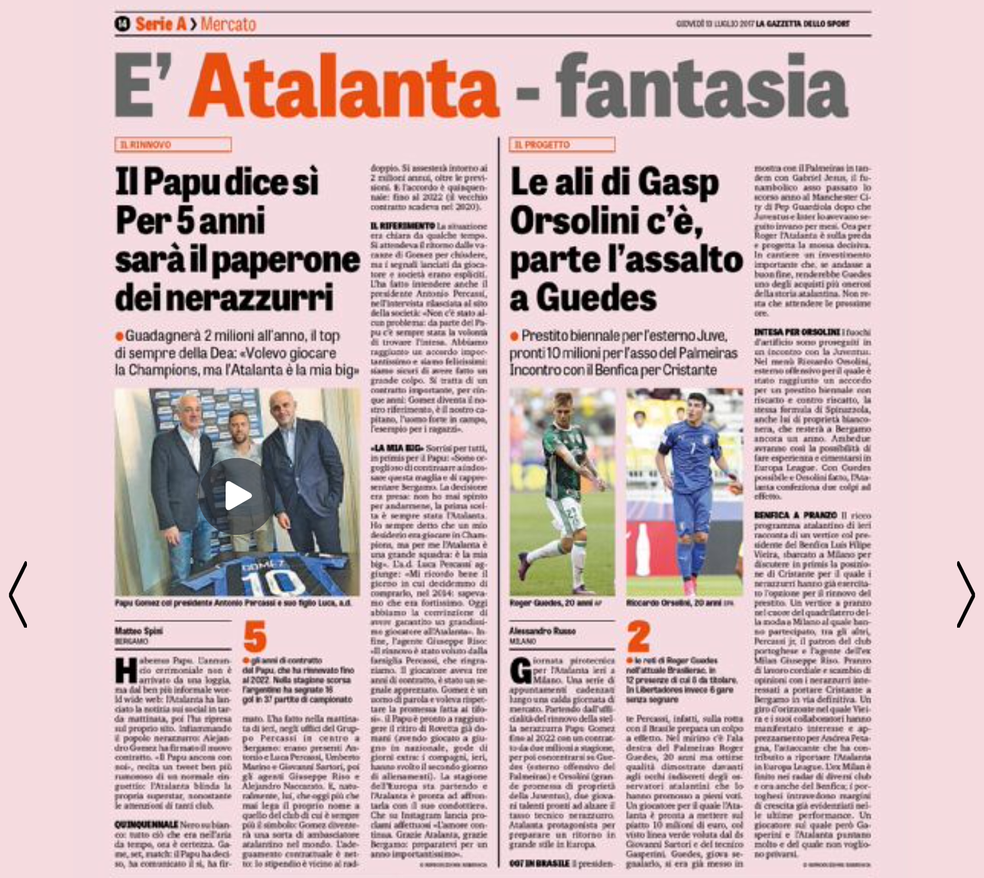 Gazzetta dello Sport Atalanta Roger Guedes  (Foto: Reprodução / Gazzetta dello Sport)