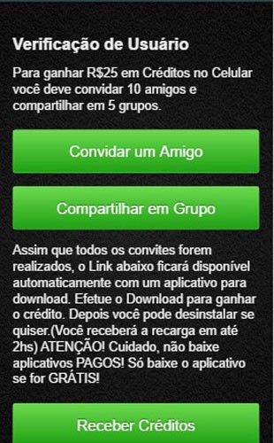 Golpe no WhatsApp promete créditos para o celular.  (Foto: Divulgação/PSafe)