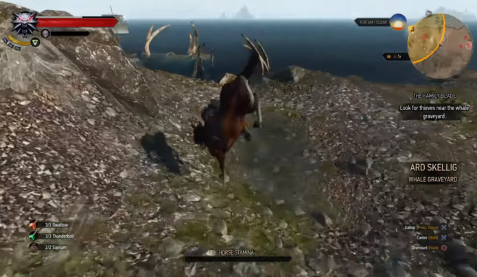 Cavalo quase voa em bug de The Witcher 3 (Foto: Reprodução/YouTube) Cavalo quase voa em bug de The Witcher 3 (Foto: Reprodução/YouTube)
