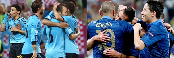 Jogadores da Espanha comemoram vitória contra a Croácia, e time da França se abraça após gol contra a Ucrânia; time se enfrentam neste sábado e a Rede Globo exibe (Foto: EFE e Reuters)