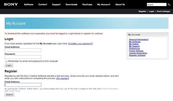 Insira as informações da sua conta ou registre-se (Foto: Reprodução/Sony Vegas) Insira as informações da sua conta ou registre-se (Foto: Reprodução/Sony Vegas)