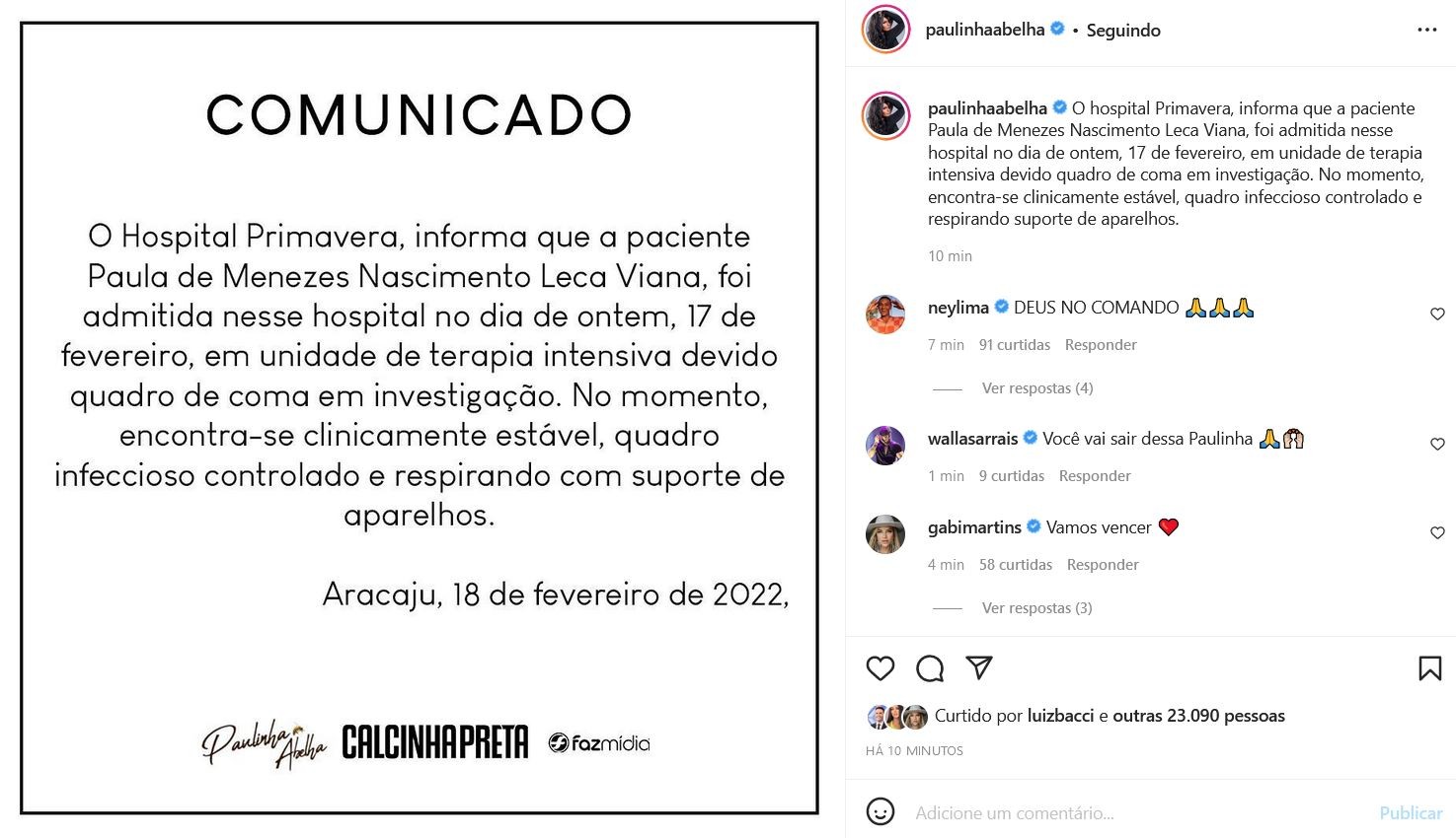 Equipe de Paulinha Abelha atualiza quadro clínico da cantora (Foto: Reprodução/Instagram)