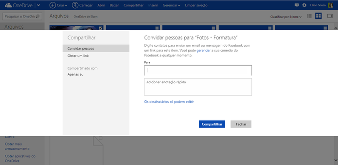 Arquivos do OneDrive pode ser compartilhados com contatos específicos ou através de links (Foto: Reprodução/Elson de Souza)