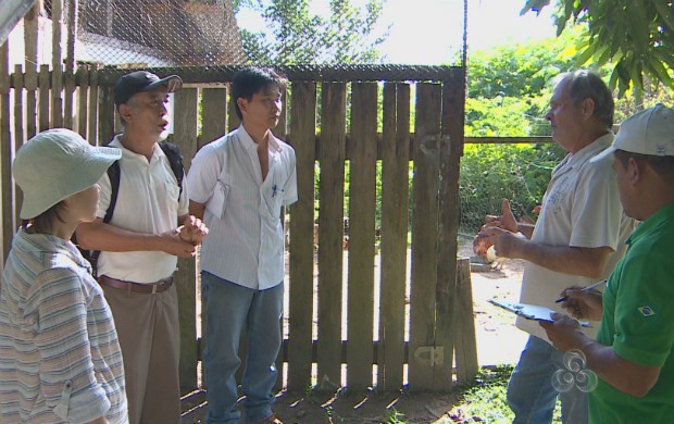 Técnicos da Agência de Cooperação Internacional do Japão em conversa com agricultores de Mazagão (Foto: Reprodução TV Amapá)