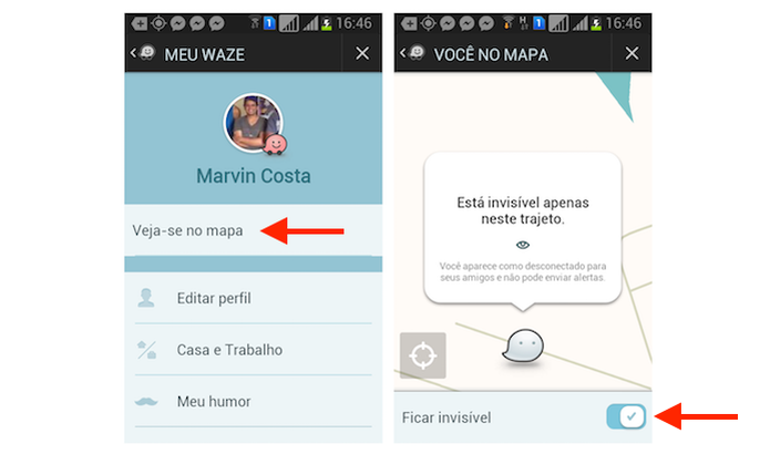 Ativando o modo invisível do Waze no iPhone (Foto: Reprodução/Marvin Costa) Ativando o modo invisível do Waze no iPhone (Foto: Reprodução/Marvin Costa)