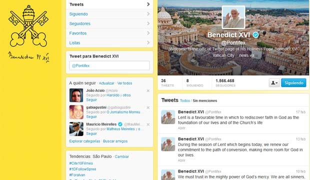 Reprodução da conta @pontifex, do Papa Bento XVI no Twitter, nesta segunda-feira (18) (Foto: Reprodução) Reprodução da conta @pontifex, do Papa Bento XVI no Twitter, nesta segunda-feira (18) (Foto: Reprodução)