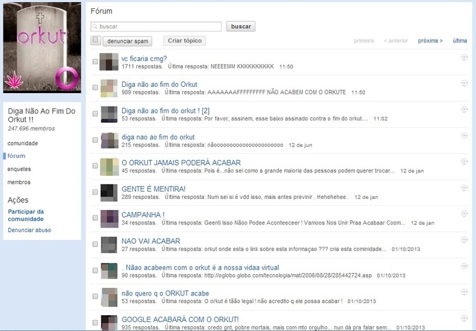 Comunidade de 2010 no Orkut já previa o fim da rede e reunia usuários insatisfeitos (Foto: Reprodução/Paulo Finotti/Orkut)