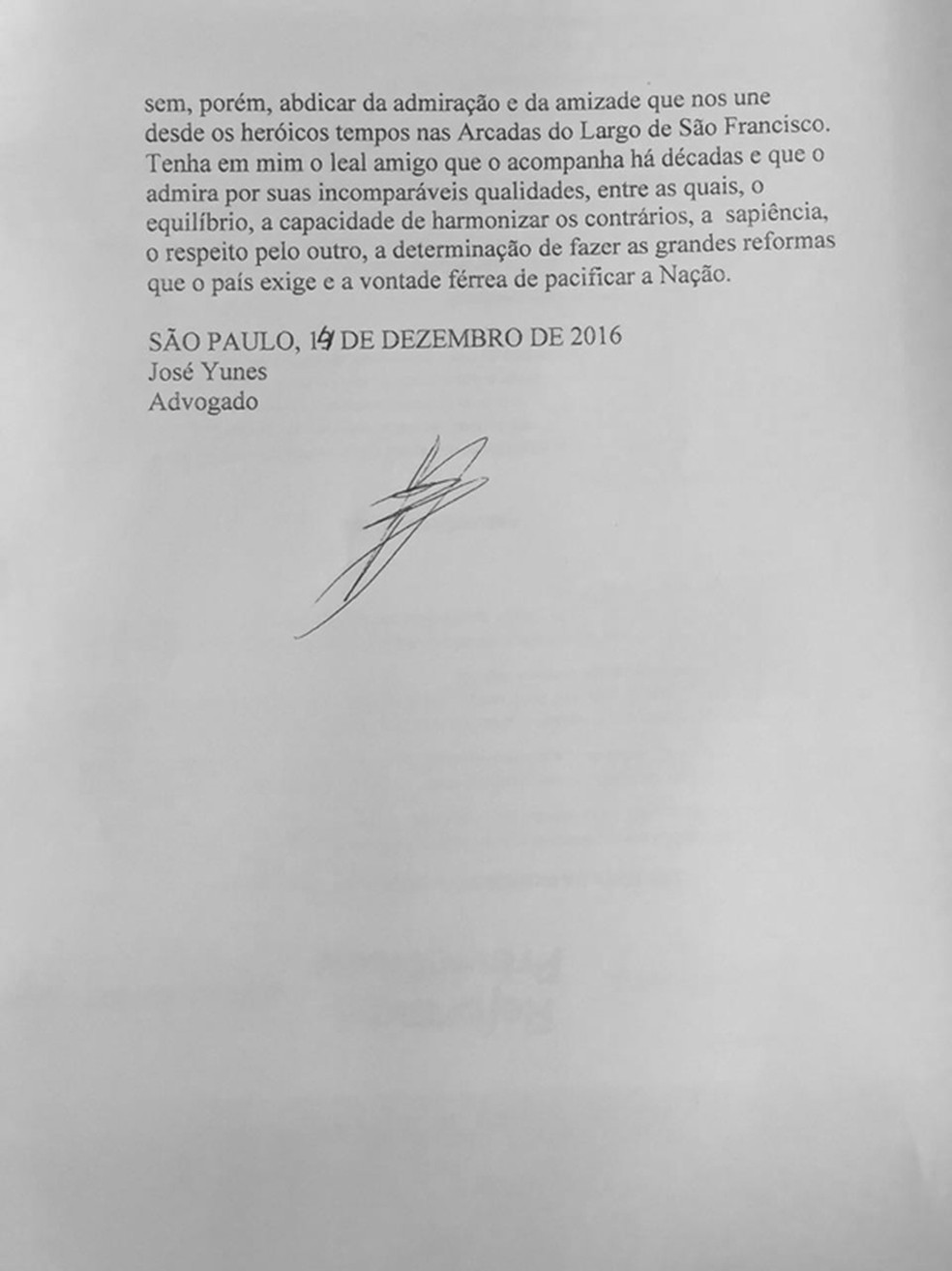 Cópia da segunda página da carta de demissão de José Yunes do cargo de assessor especial da Presidência (Foto: Reprodução)