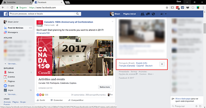 Procure por barra de idiomas para alterar a língua utilizada no Facebook (Foto: Reprodução/Elson de Souza)