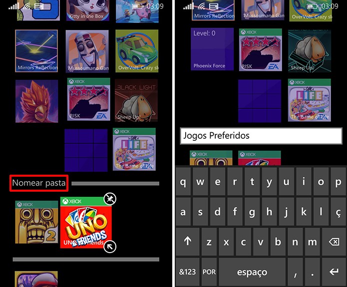 Dê o nome de sua preferência para a sua pasta na tela inicial do Windows Phone 8.1 Update 1 (Foto: Reprodução/Elson de Souza)
