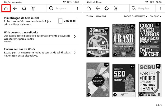 Kindle passa a mostrar a biblioteca no lugar da tela inicial com propagandas (Foto: Reprodução/Elson de Souza)