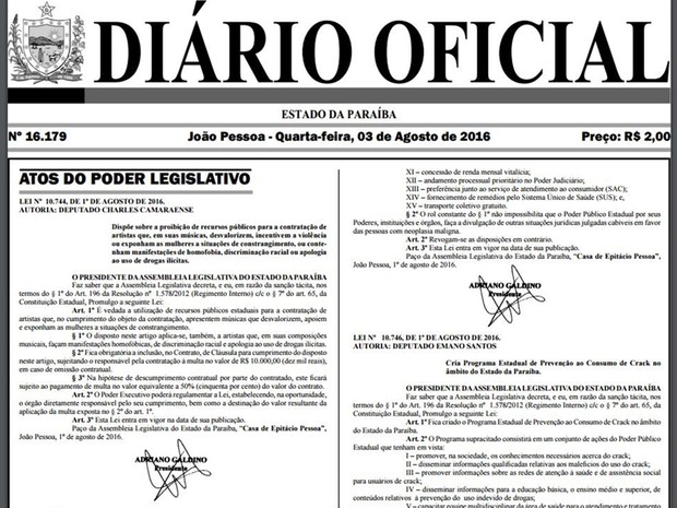 Lei foi publicada no Diário Oficial da Paraíba do dia 3 de agosto de 2016 (Foto: Reprodução/Diário Oficial da Paraíba) Lei foi publicada no Diário Oficial da Paraíba do dia 3 de agosto de 2016 (Foto: Reprodução/Diário Oficial da Paraíba)