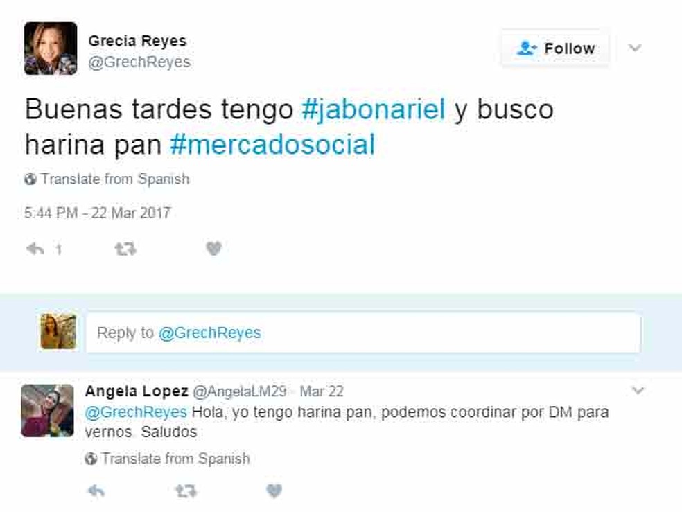 A venezualana Grecia Reyes anunciou pelo Twitter que tinha sabão para lavar roupa e procurava por farinha de milho (Foto: Reprodução/ Twitter/ Grecia Reyes)