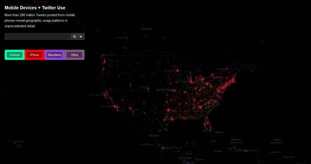 Mapa dos EUA feito com dados de tuítes, que localiza usuários de iPhones e de smartphones Android. (Foto: Reprodução) Mapa dos EUA feito com dados de tuítes, que localiza usuários de iPhones e de smartphones Android. (Foto: Reprodução)