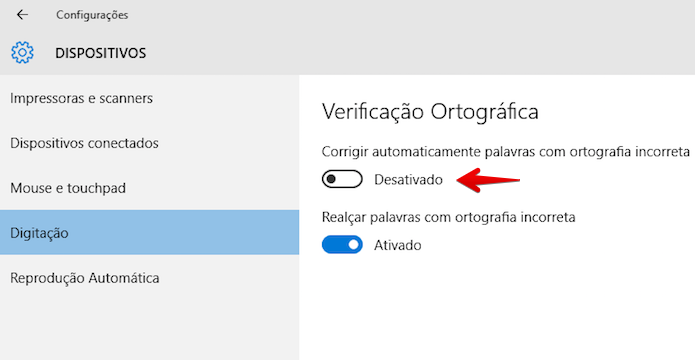 Desativando corretor do Windows 10 (Foto: Reprodução/Helito Bijora)