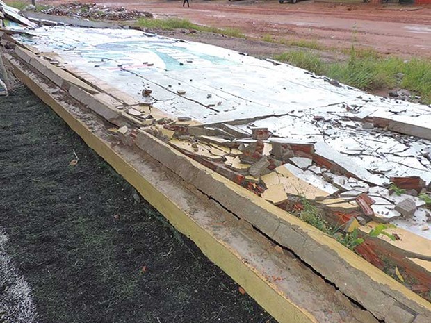 Muro do gnásio de esportes ao chão após chuva e ventos fortes no oeste da Bahia (Foto: Edivaldo Braga/Blogbraga) Muro do gnásio de esportes ao chão após chuva e ventos fortes no oeste da Bahia (Foto: Edivaldo Braga/Blogbraga)