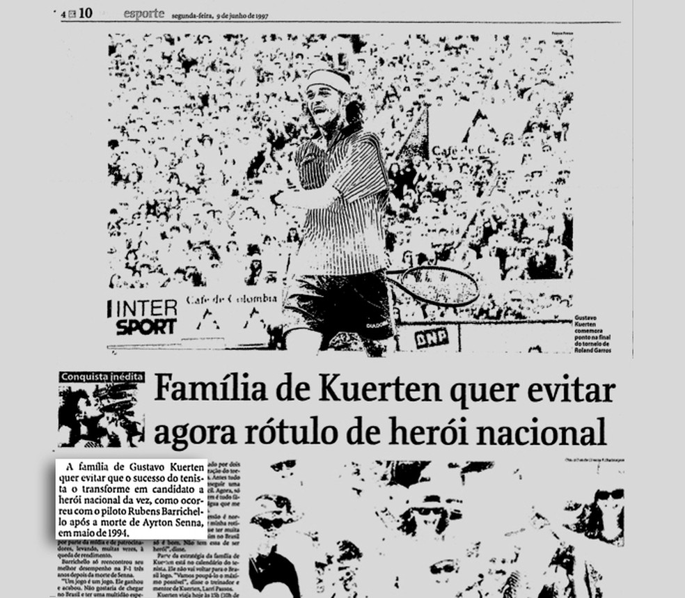 Manchete da Folha mostra a preocupação da família com o rótulo de herói nacional e o nome de Senna é citado (Foto: Infoesporte)