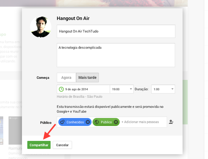 Finalizando o agendamento do Hangout On Air (Foto: Reprodução/Marvin Costa)