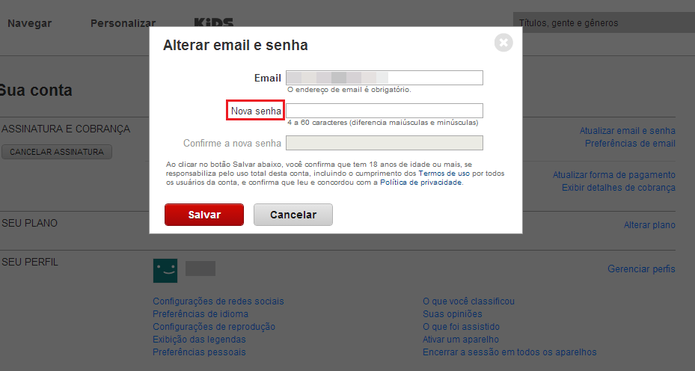 Insira uma nova senha para sua conta do Netflix (Foto: Reprodução/Paulo Finotti)