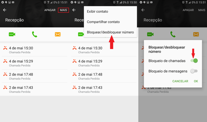 Ao arrastar a chave em "Bloquear/desbloquear número", o número não ligará mais para você (Foto: Reprodução/Caio Bersot) Ao arrastar a chave em "Bloquear/desbloquear número", o número não ligará mais para você (Foto: Reprodução/Caio Bersot)