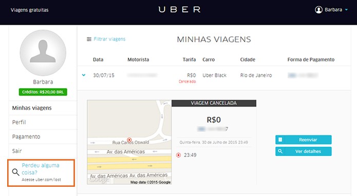 Selecione o item no menu lateral no site do Uber (Foto: Reprodução/Barbara Mannara)