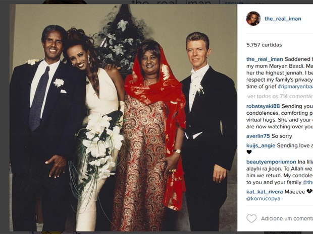 Iman, viúva de David Bowie, publicou foto com seu pai e sua mãe, que morreu dois meses após o cantor (Foto: Reprodução/Instagram) Iman, viúva de David Bowie, publicou foto com seu pai e sua mãe, que morreu dois meses após o cantor (Foto: Reprodução/Instagram)