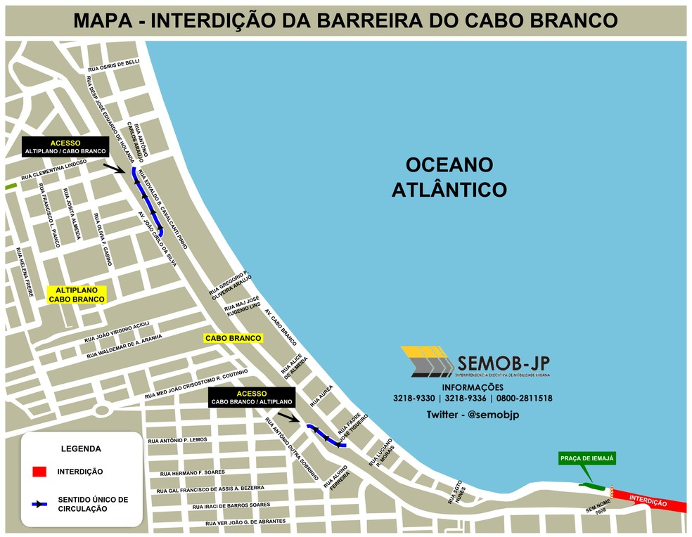 Trânsito no Cabo Branco foi alterado após interdição da ladeira (Foto: Arte/Semob-JP)