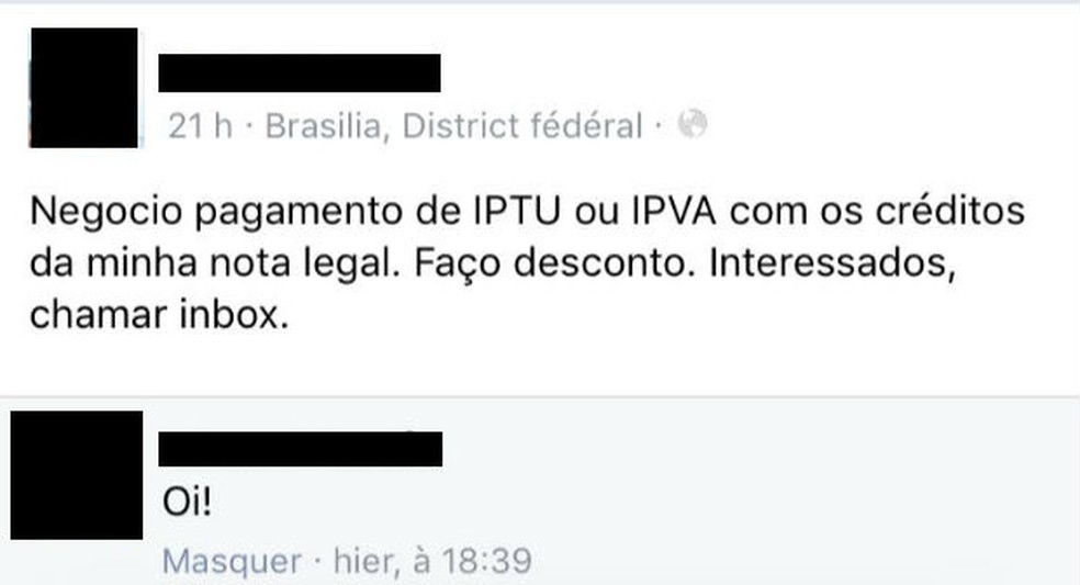 Publicação em rede social de mulher que tentava 'negociar' créditos do Nota Legal (Foto: Facebook/Reprodução)