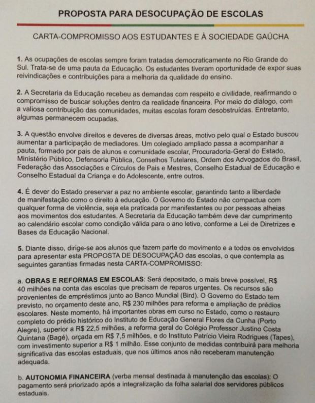 Carta do governo do RS aos estudantes que ocupam escolas (Foto: Léo Saballa Jr/RBS TV)