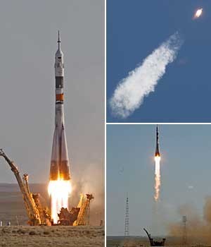 Soyuz decola do Cazaquist�o 
com tr�s tripulantes rumo � ISS (Mikhail Metzel / AP Photo)