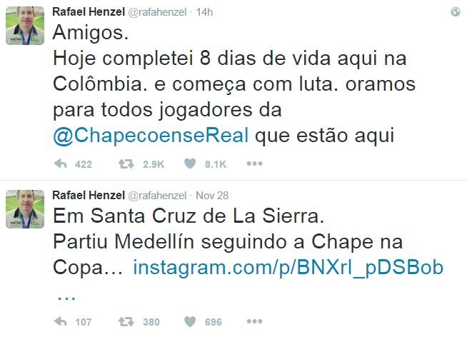 Henzel tuitou pela primeira vez desde o acidente; Ãºltimo havia sido antes de decolar (Foto: ReproduÃ§Ã£o/Twitter)