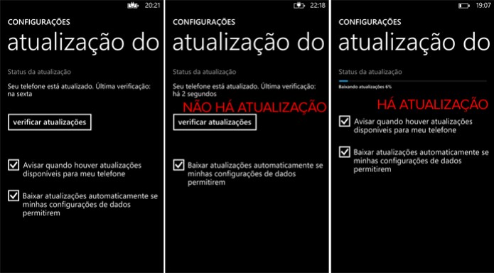Windows Phone notifica quando não há atualização disponível ou começa a baixar o update automaticamente (Foto: Reprodução: Elson Souza) Windows Phone notifica quando não há atualização disponível ou começa a baixar o update automaticamente (Foto: Reprodução: Elson Souza)