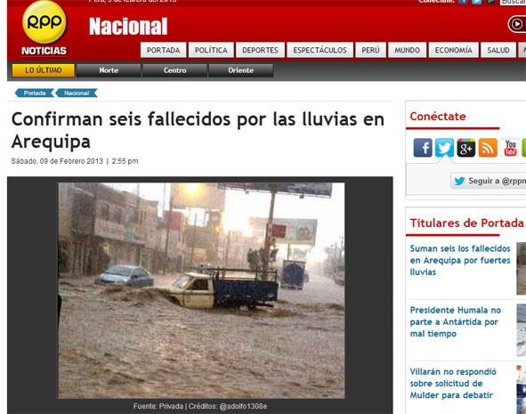 Chuva em Arequipa arrastou carros e causou pelos menos seis mortes. (Foto: Reprodução/site RPP)