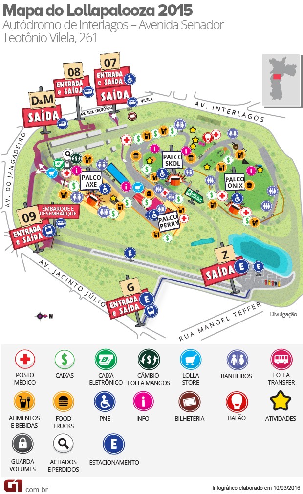 Mapa do Lollapalooza mostra palcos e outras áreas do festival no Autódromo de Interlagos (Foto: G1/Arte)