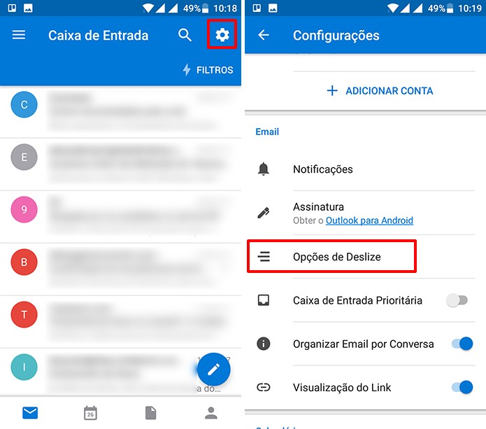 Usuário pode editar ações rápidas do Outlook para Android nas configurações (Foto: Reprodução/Elson de Souza)