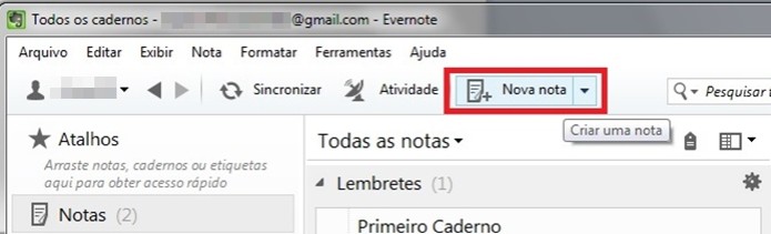 Destaque para botão "Nova nota" na barra de ferramentas do Evernote (Foto: Reprodução/Raquel Freire)