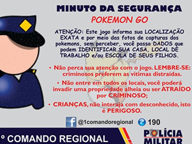 Publicação da PM alerta jogadores para riscos à segurança durante 'caçada' (Foto: Divulgação/Polícia Militar)