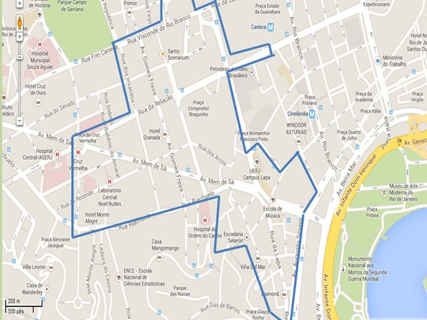 Mapa apresentado pela Segov mostra a área onde será realizada a operação Lapa Presente (Foto: Secretaria de Estado de Governo do RJ)