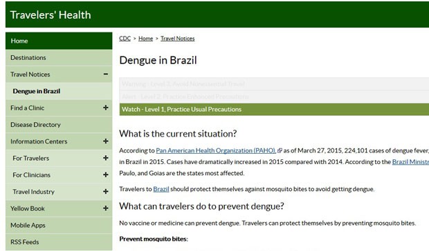 O CDC fez uma nota alertando turistas americanos sobre o risco de contrair dengue no Brasil (Foto: Reprodução/CDC)