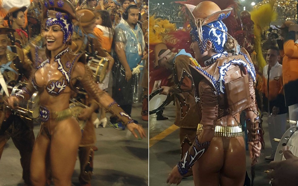 Sabrina Sato desfila com a parte das costas sem fantasia, onde seria colocado o adereço com penas (Foto: Ana Carolina Moreno/G1)