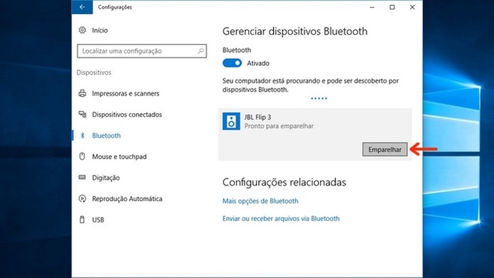 Início do emparelhamento entre notebook e caixa de som Bluetooth (Foto: Reprodução/Raquel Freire) Início do emparelhamento entre notebook e caixa de som Bluetooth (Foto: Reprodução/Raquel Freire)