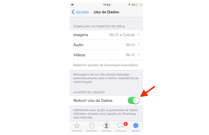 Ativando a economia de dados em ligações do WhatsApp para iPhone (Foto: Reprodução/Marvin Costa)