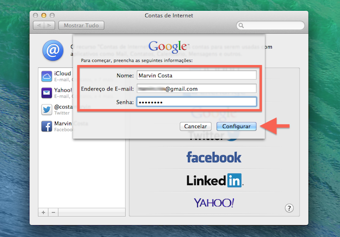 Fornecendo os dados de login do Google no Mac OS X (Foto: Reprodução/Marvin Costa)