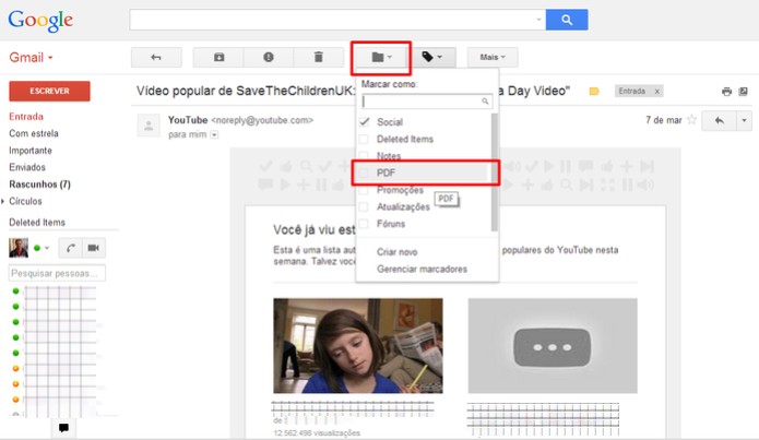 Abra um e-mail no seu Gmail e aplique o marcador "PDF" para salvar uma cópia no seu Google Drive (Foto: Reprodução/Elson de Souza) Abra um e-mail no seu Gmail e aplique o marcador "PDF" para salvar uma cópia no seu Google Drive (Foto: Reprodução/Elson de Souza)
