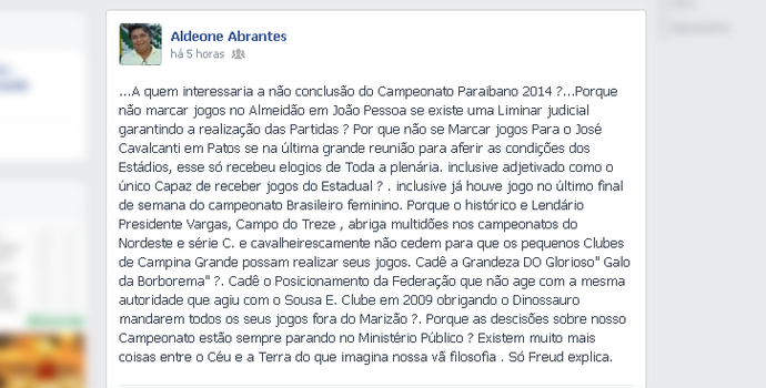 Aldeone Abrantes reclama da FPF em rede social (Foto: Reprodução / Facebook)