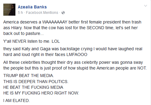 Azealia Banks faz post sobre eleição de Trump (Foto: Reprodução / Facebook)