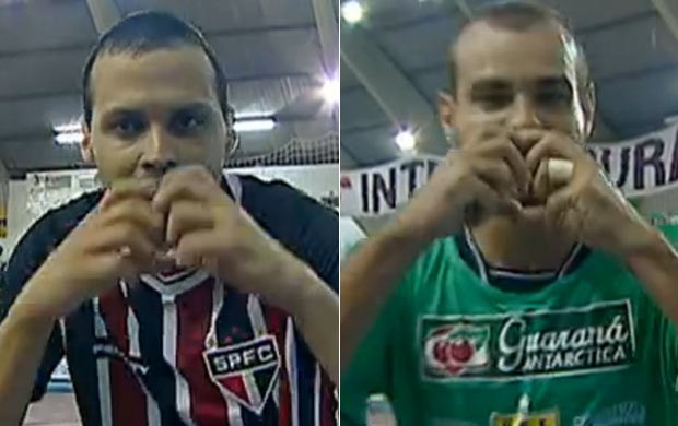 Guerra, do São Paulo, e Júnior, do Rio Preto, comemoram gols na Liga Paulista (Foto: Reprodução SporTV)